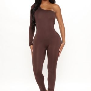 Fashion Nova one shoulder brown Jumpsuit